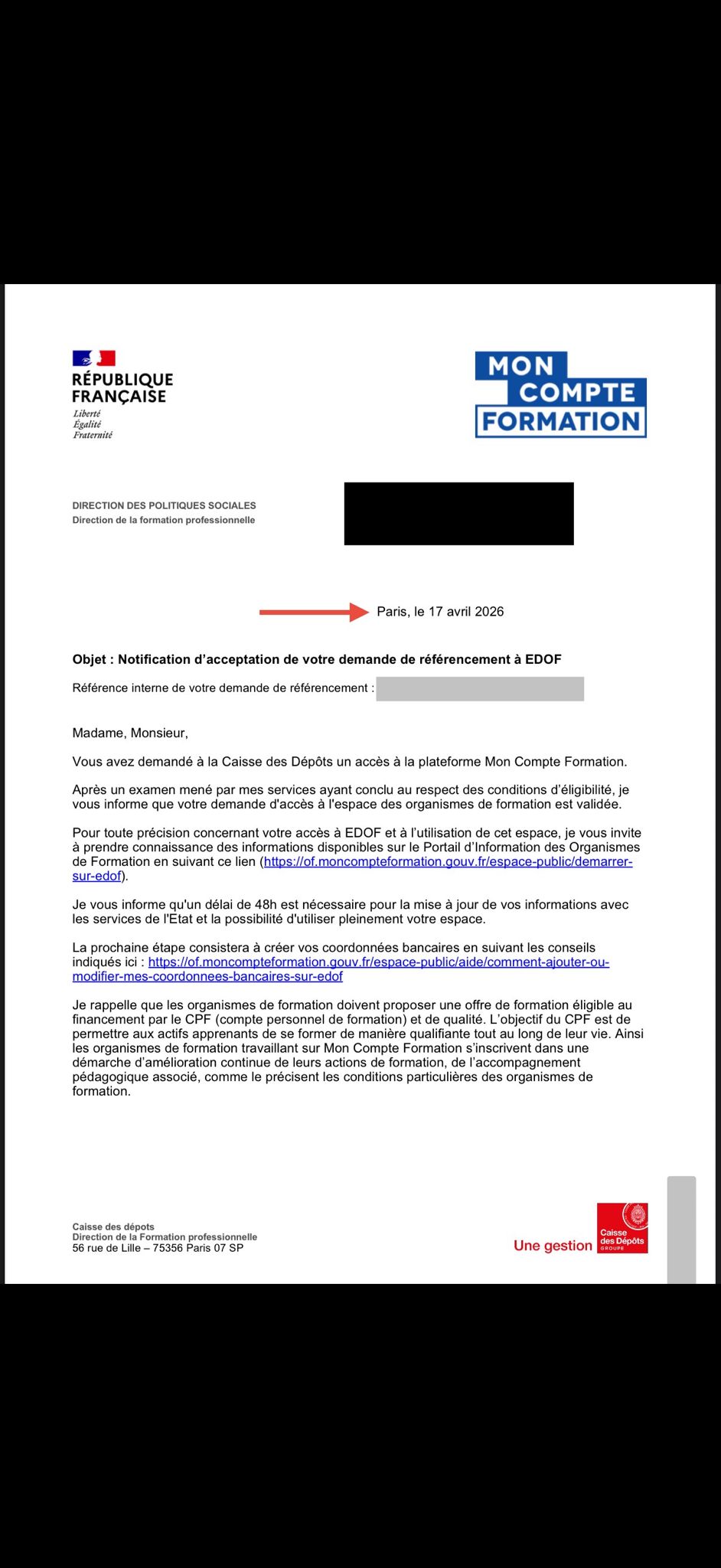 Lettre officielle Caisse des Dépôts