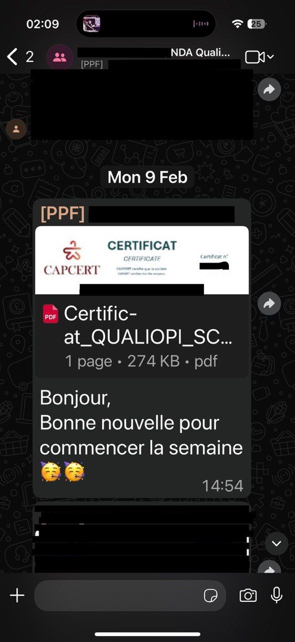 Certificat Qualiopi délivré par Capcert