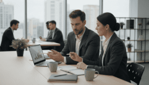 consultant discutant avec un formateur dans un bureau moderne