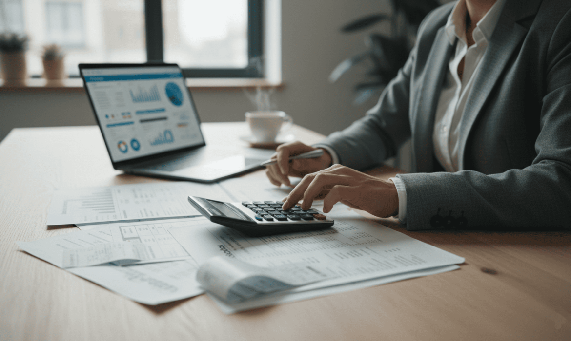 Professionnel assis à son bureau, calculant des coûts sur une calculatrice avec des documents administratifs étalés