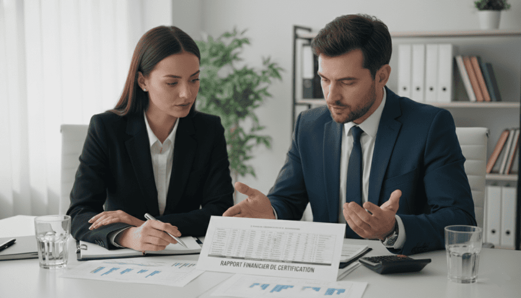 Réunion professionnelle avec deux personnes analysant des documents financiers liés à une certification,