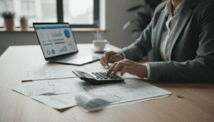 Professionnel assis à son bureau, calculant des coûts sur une calculatrice avec des documents administratifs étalés