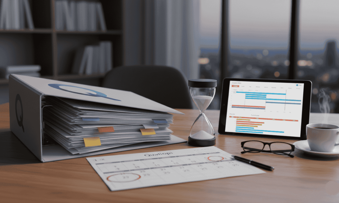 PC et documents audit QUaliopi posés sur une table de bureau