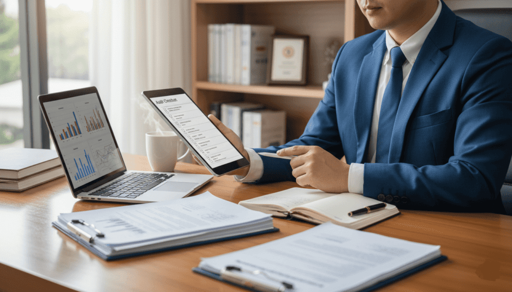 Professionnel réalisant un audit avec un check liste, quelques documents