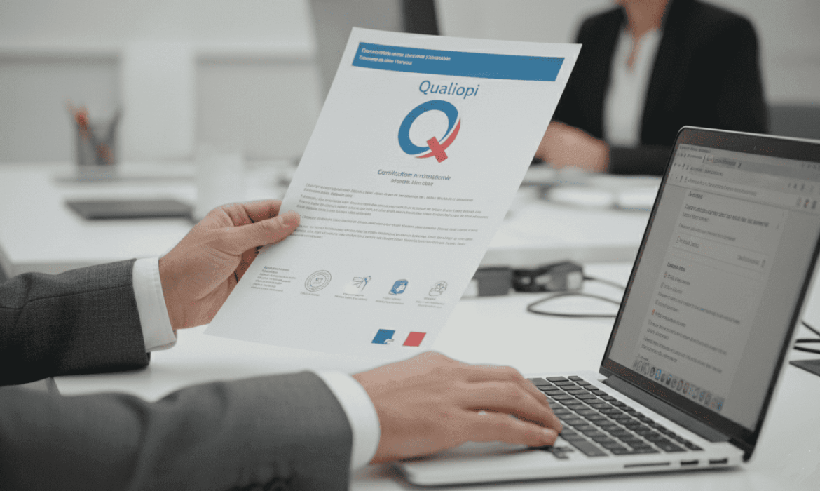 Focus sur deux mains, un qui tient un papier Qualiopi et l'autre uqi tape sur l'ordinateur