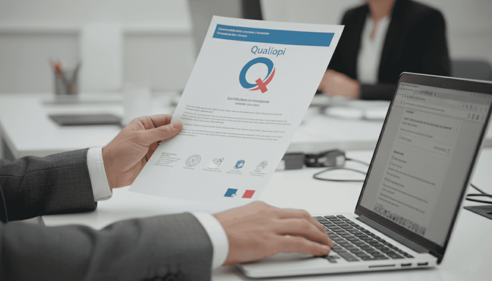 Focus sur deux mains, un qui tient un papier Qualiopi et l'autre uqi tape sur l'ordinateur