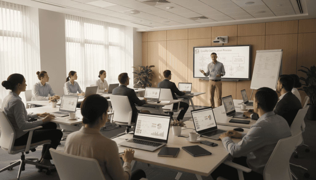 Collaborateurs dans une salle de réunion organisme certificateur Qualiopi