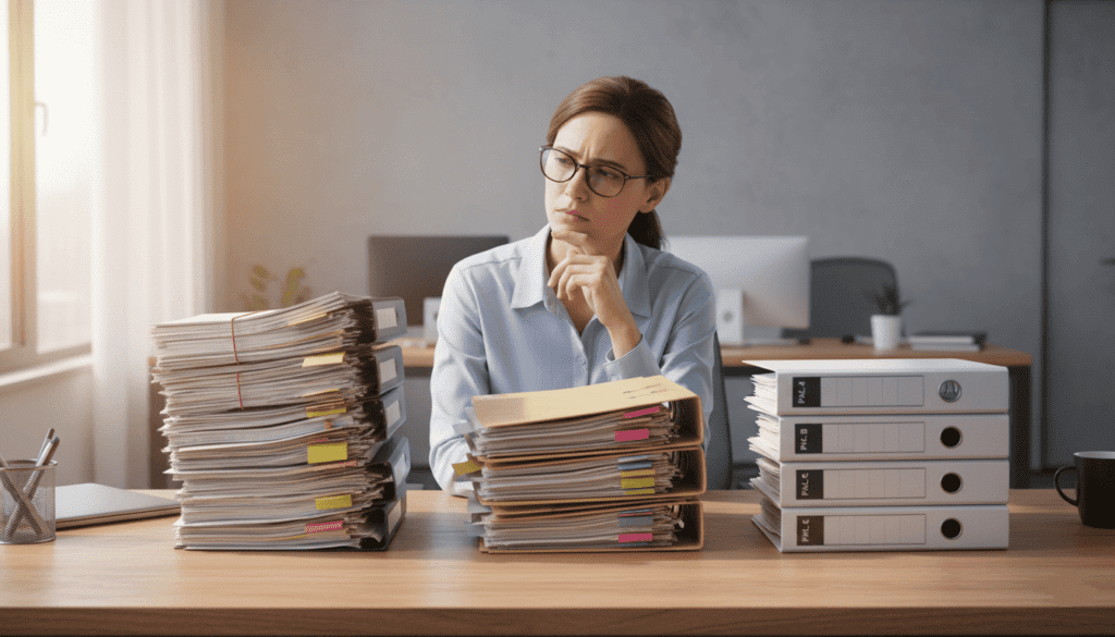 Femme devant 3 piles de documents organismes certificateurs Qualiopi