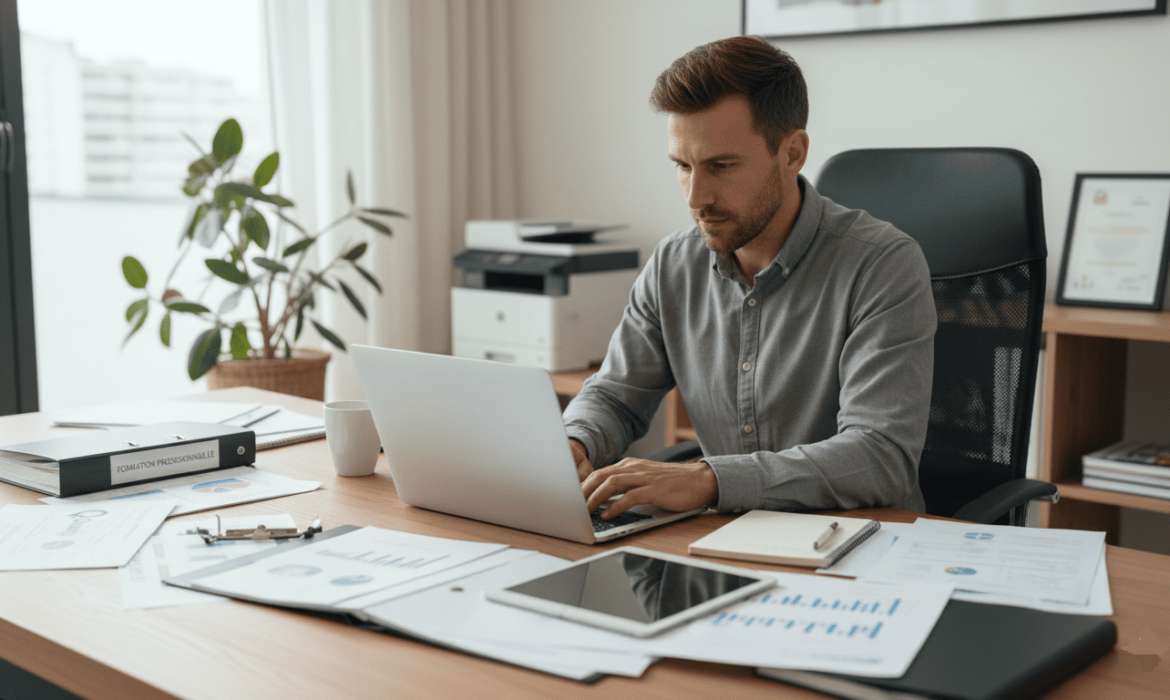 entrepreneur préparant un dossier administratif sur un bureau organisé