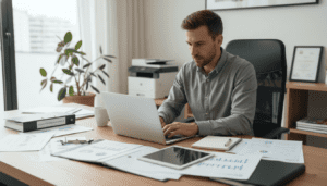 entrepreneur préparant un dossier administratif sur un bureau organisé