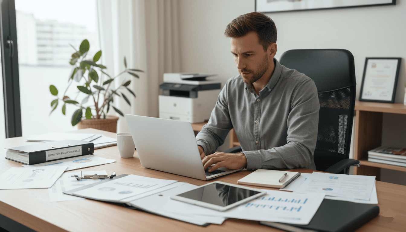 entrepreneur préparant un dossier administratif sur un bureau organisé