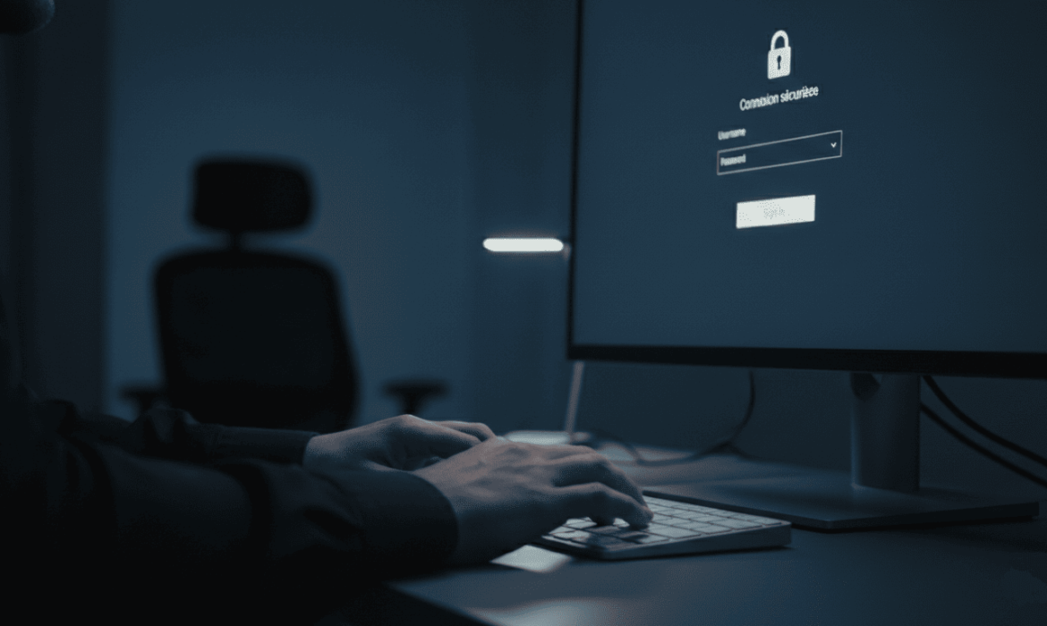 des mains utilisant un clavier avec un écran affichant une page de connexion sécurisée,