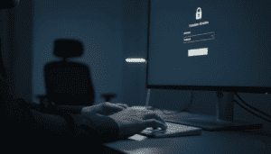 des mains utilisant un clavier avec un écran affichant une page de connexion sécurisée,