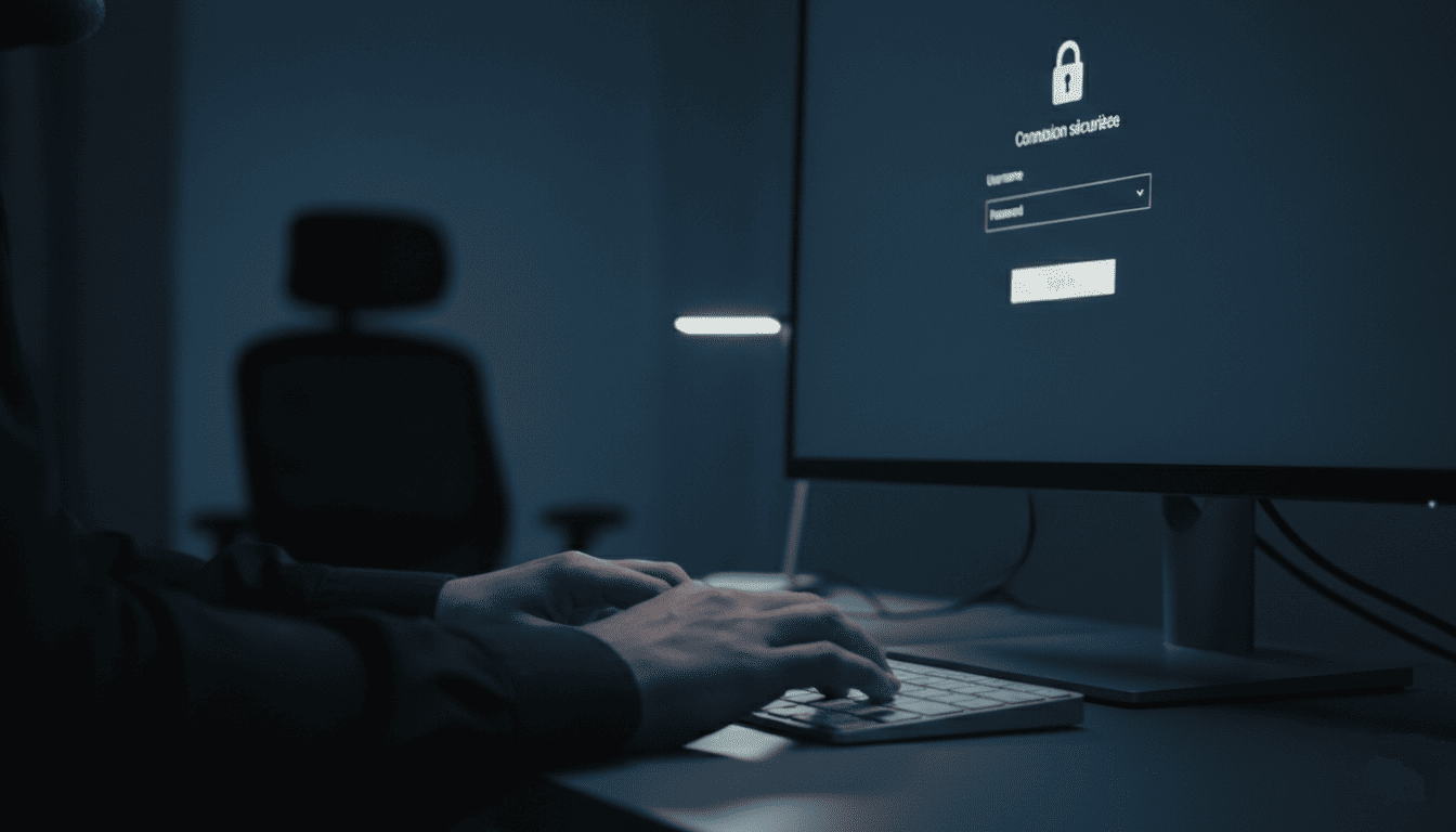 des mains utilisant un clavier avec un écran affichant une page de connexion sécurisée,