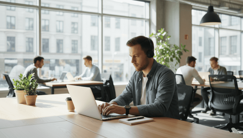 Personne assise devant un ordinateur portable dans un bureau moderne, en train de se connecter à une plateforme en ligne,