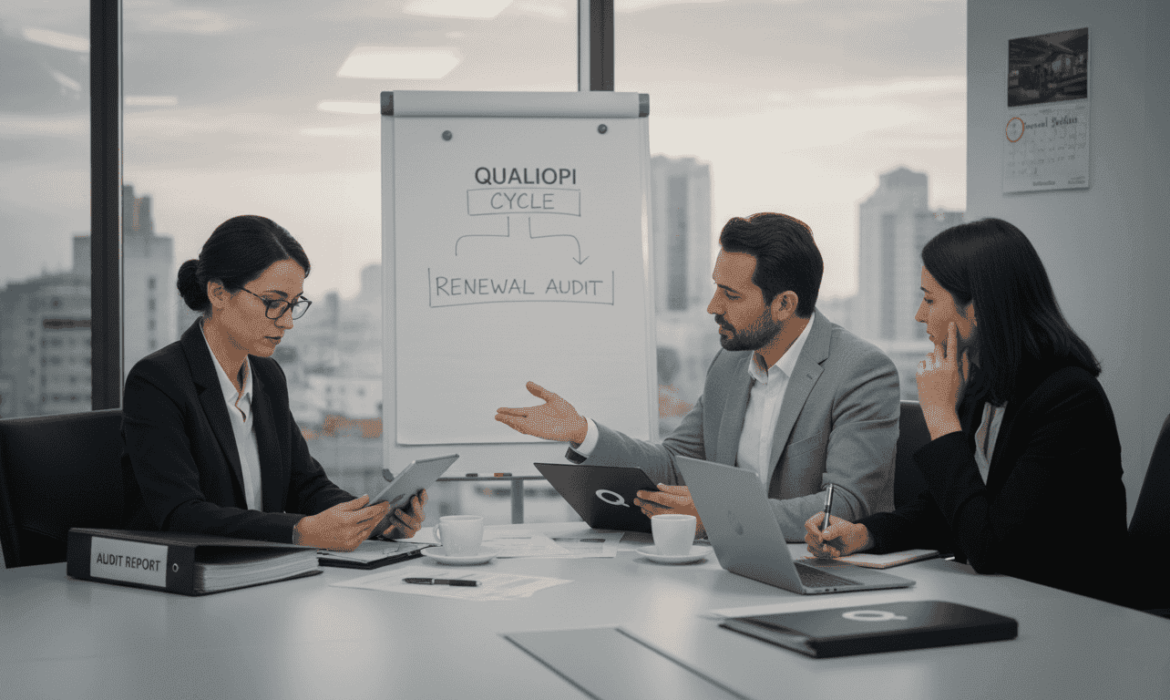 Collaborateurs dans un bureau pendant un audit de renouvellement Qualiopi
