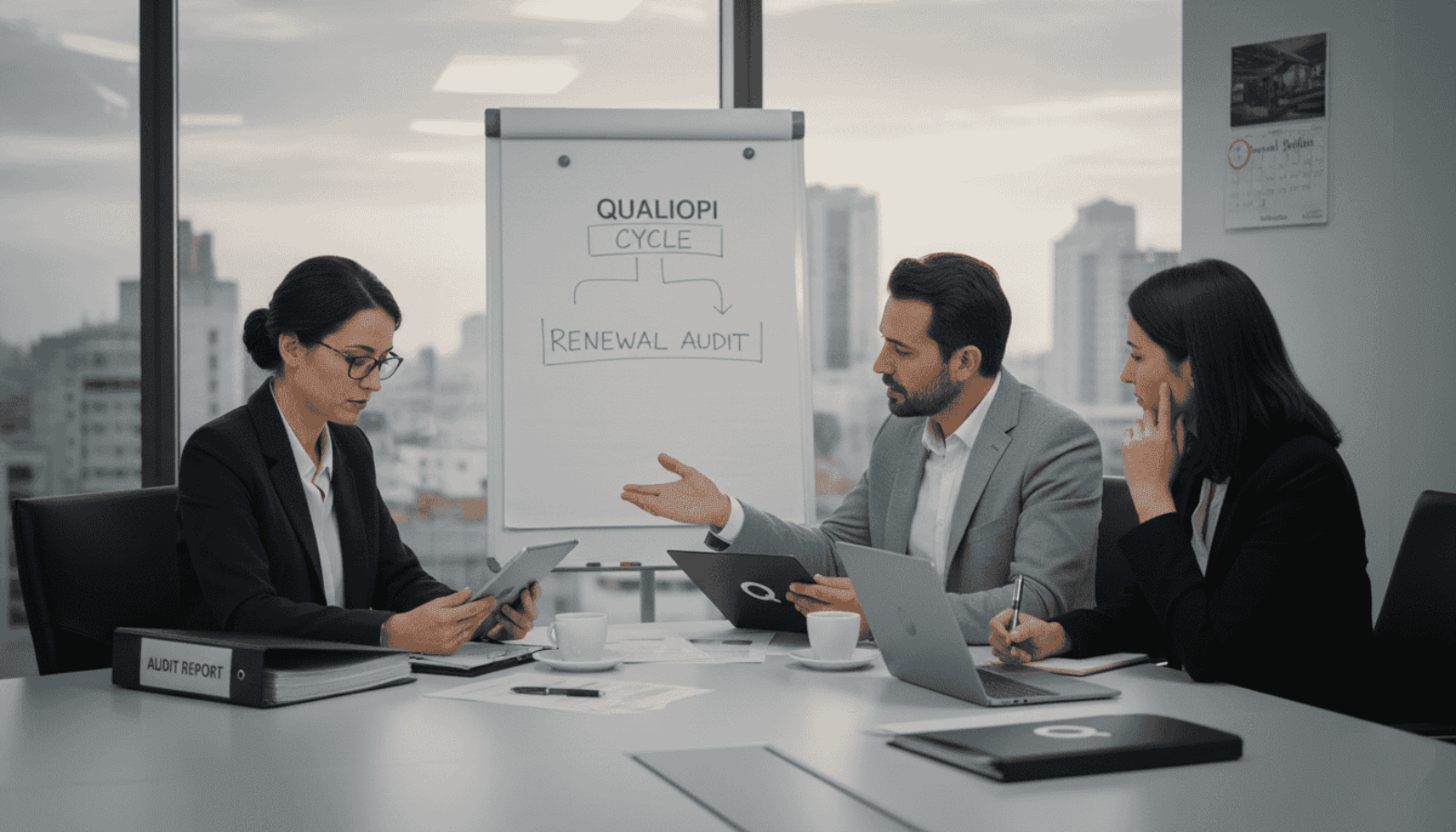 Collaborateurs dans un bureau pendant un audit de renouvellement Qualiopi
