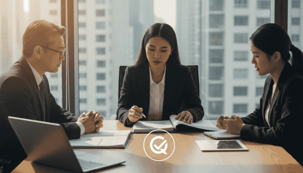 Collaborateurs dans un bureau pendant un audit de renouvellement