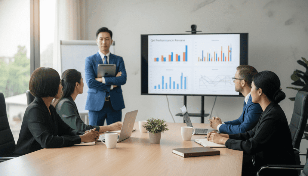 un auditeur observant une session de formation dans une salle moderne avec quelques participants adultes
