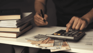 Focus sur les main d'un homme qui procède à un calcul, calculatrice, pile de livres et argent