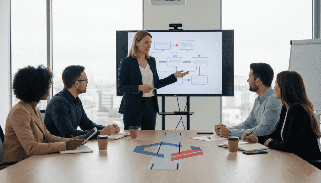 Groupe de collaborateurs dans une salle de réunion