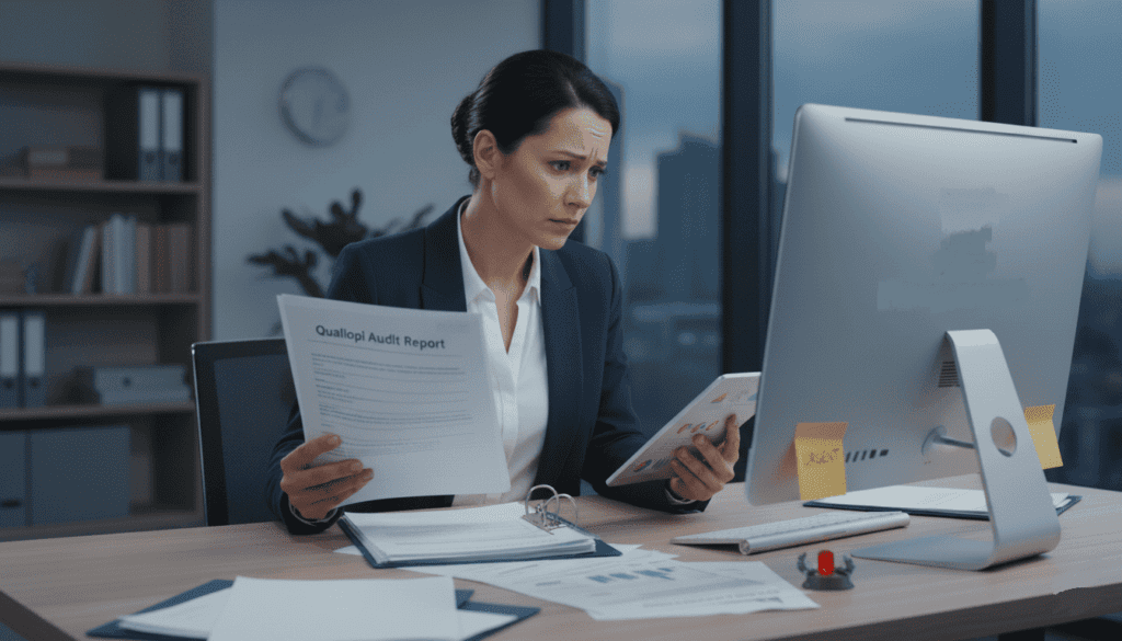 Femme qui tient des papiers non conformité Qualiopi dans son bureau