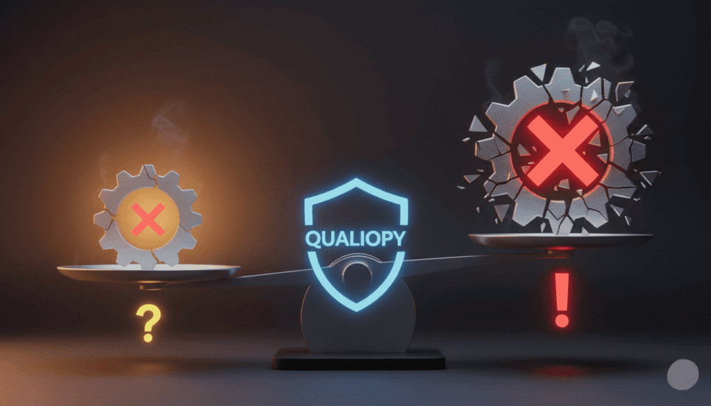 Illustration sous forme de balance avec logo Qualiopi, non conformité majeur et mineur