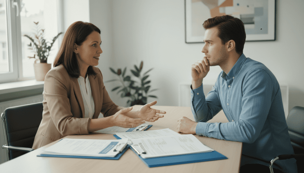 Conseiller en orientation professionnelle discutant avec un candidat dans un bureau moderne, documents imprimés sur la table