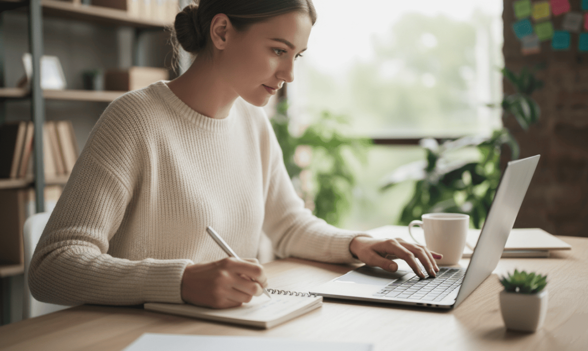 Femme devant son PC qui écrit dans son carnet formation à distance Qualiopi