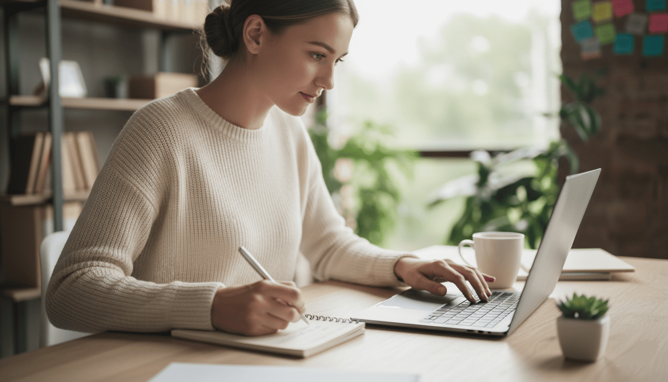 Femme devant son PC qui écrit dans son carnet formation à distance Qualiopi
