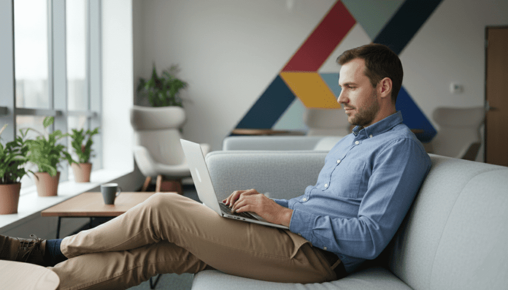 Homme professionnel qui manipule son ordinateur l'air détendu pour sa formation à distance Qualiopi