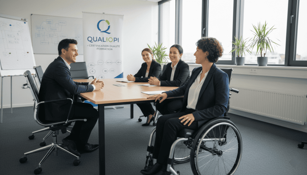 Une femme en situation d'handicap et ses collaborateurs dans une salle de formation où il est inscrit QUaliopi