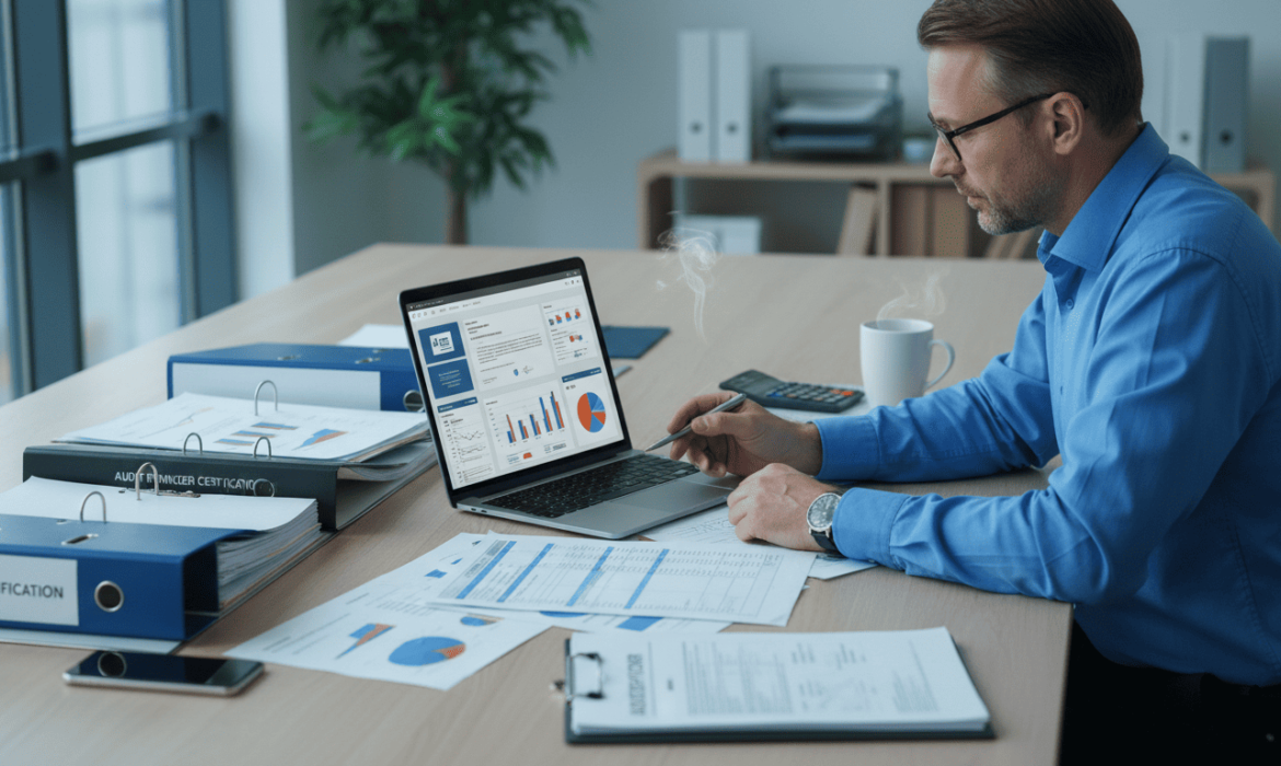 Personne concentrée analysant des données sur un écran d’ordinateur, environnement de bureau moderne,