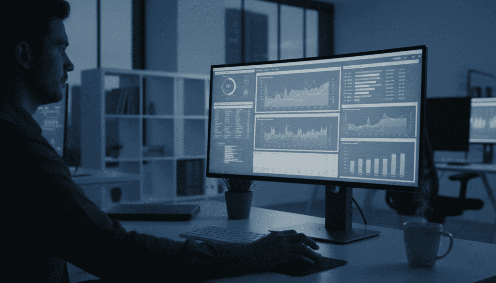 Auditeur ou contrôleur examinant des documents sur un bureau, ordinateur ouvert avec plusieurs fichiers,