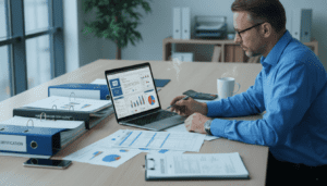 Personne concentrée analysant des données sur un écran d’ordinateur, environnement de bureau moderne,