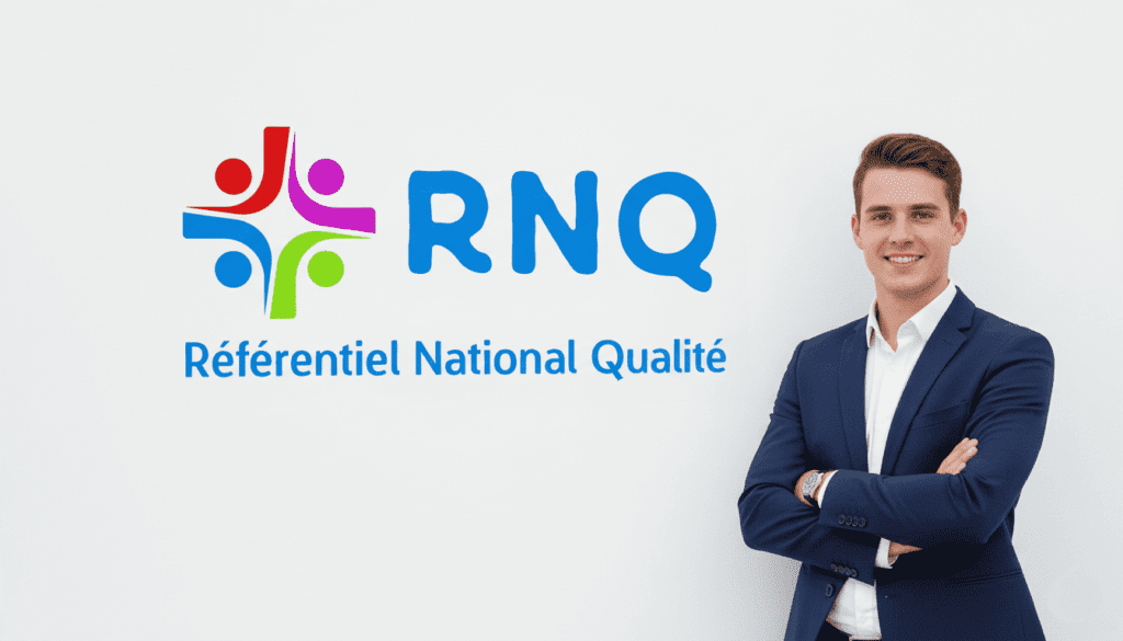 Homme professionnel devant un fond RNQ Référentiel National Qualité