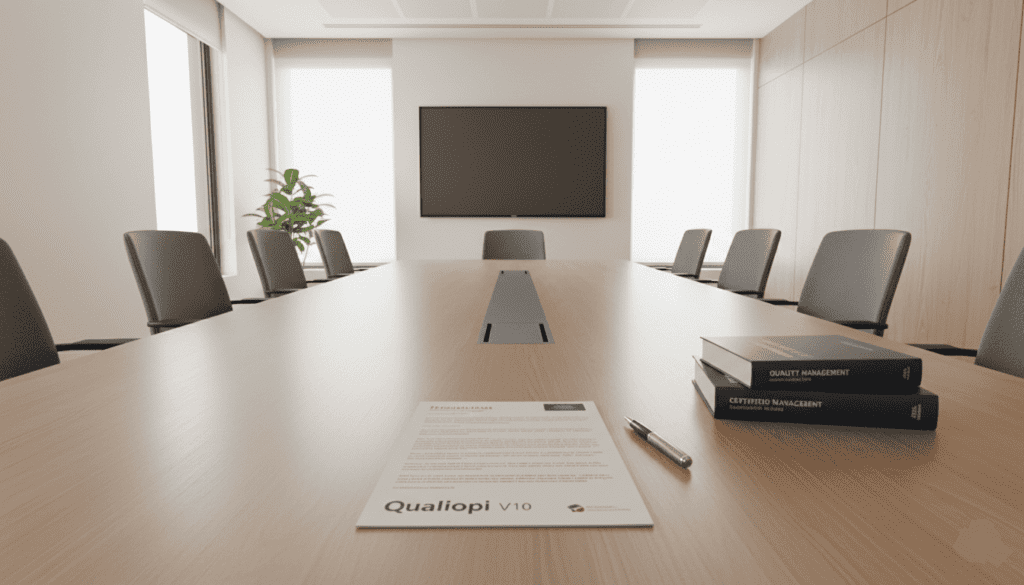 Document sur Qualiopi V10 sur une table, dans une salle de réunion