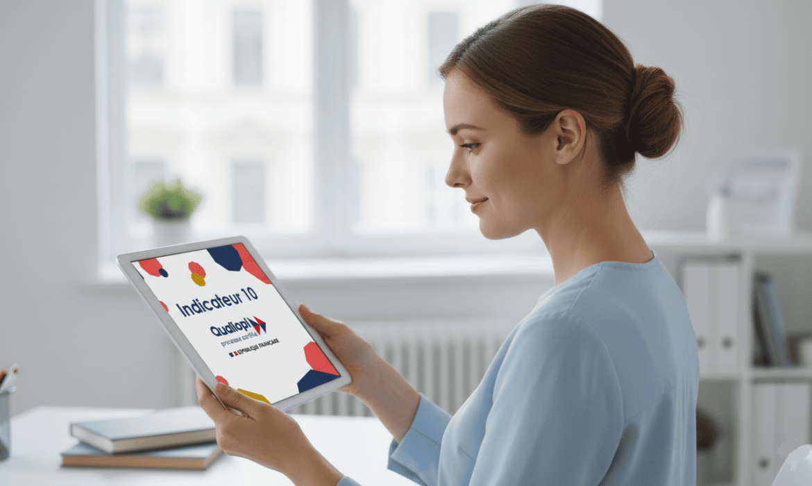 Femme qui tient une tablette avec l'interface Qualiopi sur l'écran