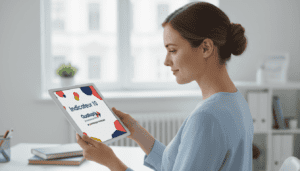 Femme qui tient une tablette avec l'interface Qualiopi sur l'écran