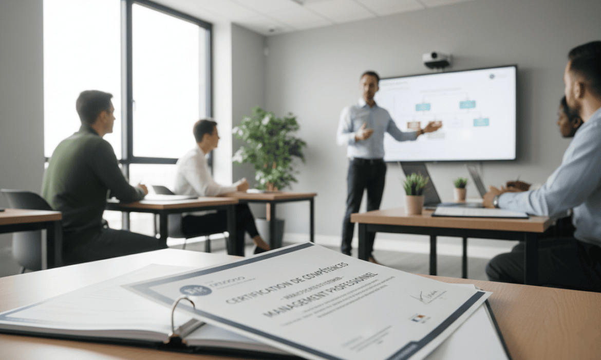 Professionnel en formation dans une salle de classe moderne, écoutant un formateur devant un tableau blanc