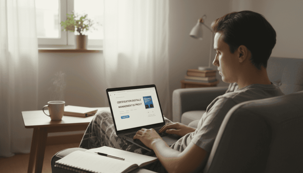 Jeune adulte travaillant sur un ordinateur portable chez lui, consultant une plateforme de formation professionnelle, carnet de notes à côté,