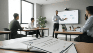 Professionnel en formation dans une salle de classe moderne, écoutant un formateur devant un tableau blanc