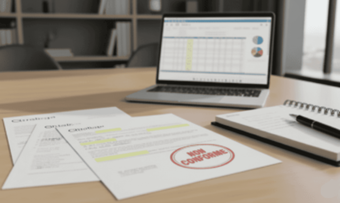 documents d’audit Qualiopi avec des annotations et un tampon “non conforme”, ordinateur portable et carnet sur un bureau professionnel