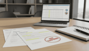 documents d’audit Qualiopi avec des annotations et un tampon “non conforme”, ordinateur portable et carnet sur un bureau professionnel