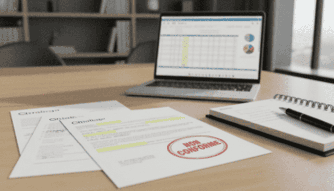 documents d’audit Qualiopi avec des annotations et un tampon “non conforme”, ordinateur portable et carnet sur un bureau professionnel