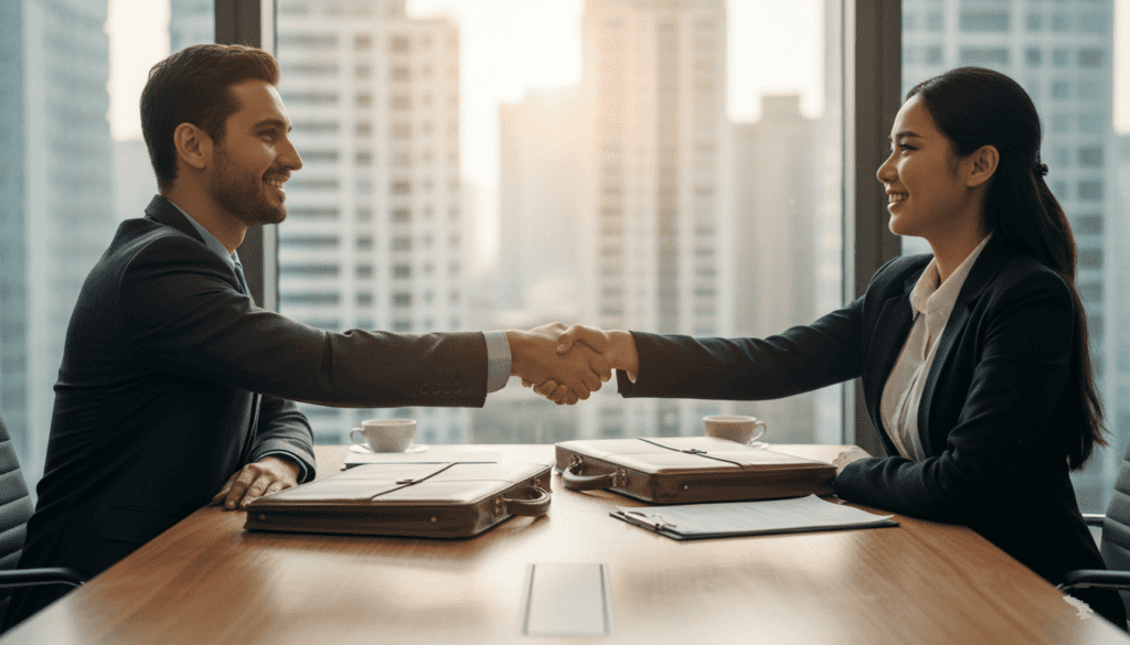 Deux personnes professionnelles qui se prennent la main en Sous traitance Qualiopi