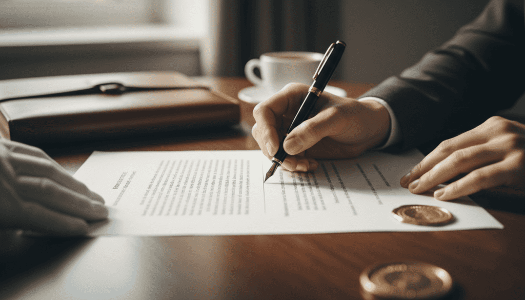 Image focus sur une main en train de signer un papier sous traitance Qualiopi