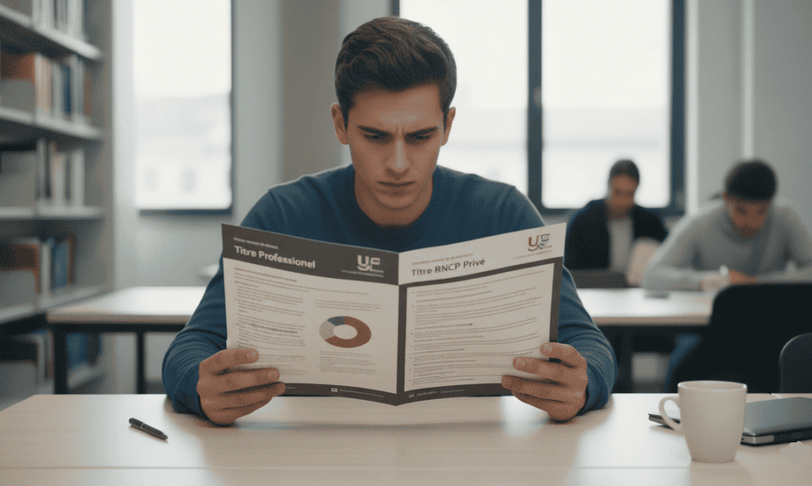 Un jeune adulte qui compare les titres pro et titres RNCP privé