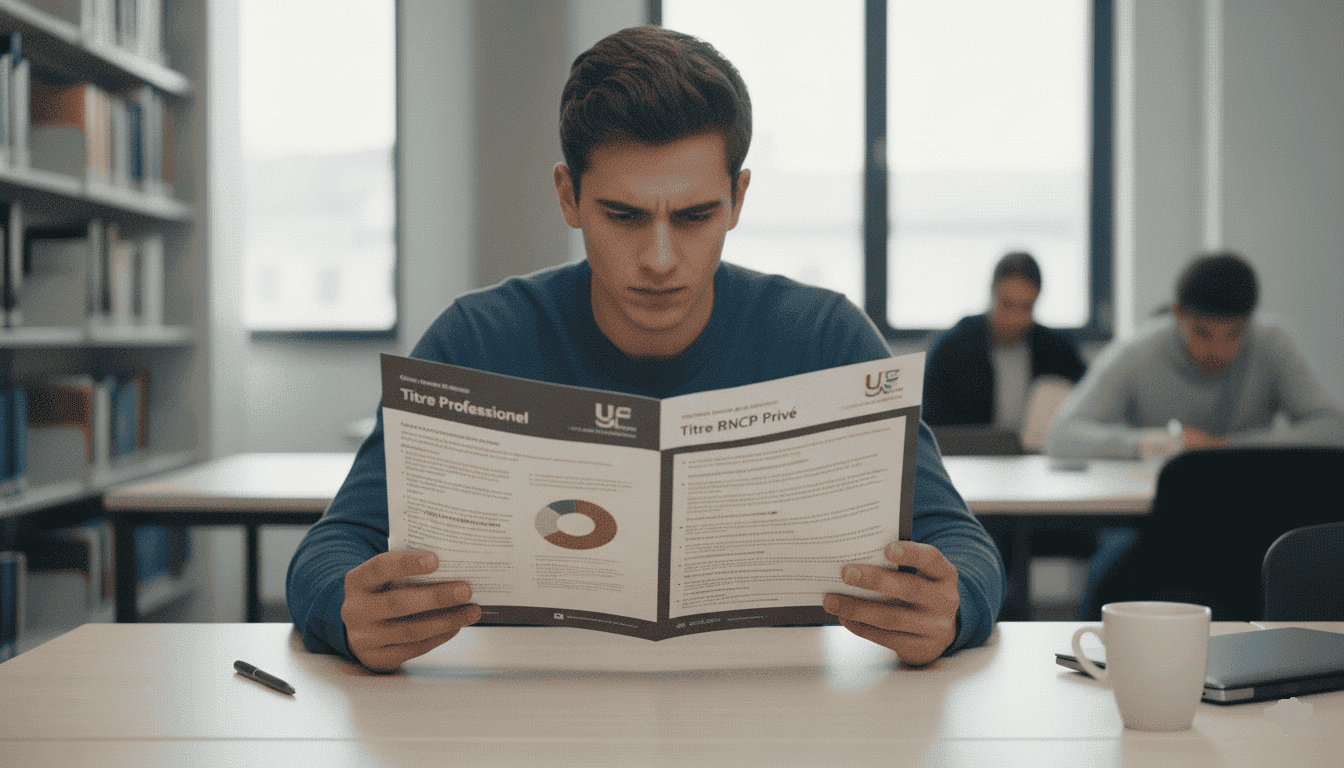 Un jeune adulte qui compare les titres pro et titres RNCP privé