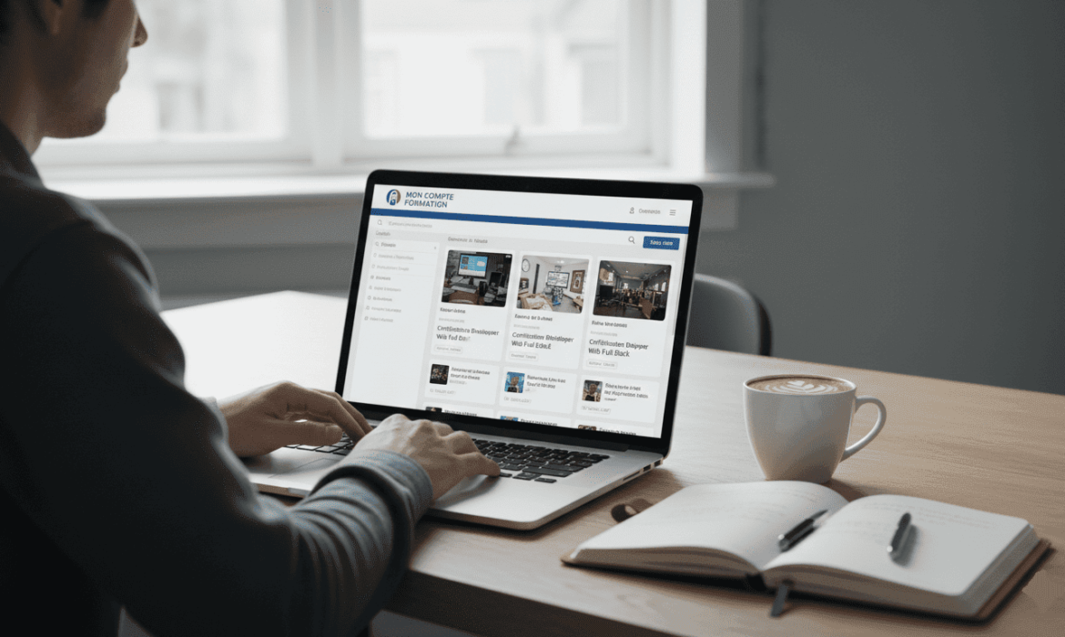 Personne utilisant un ordinateur portable pour rechercher une formation, interface avec résultats listés